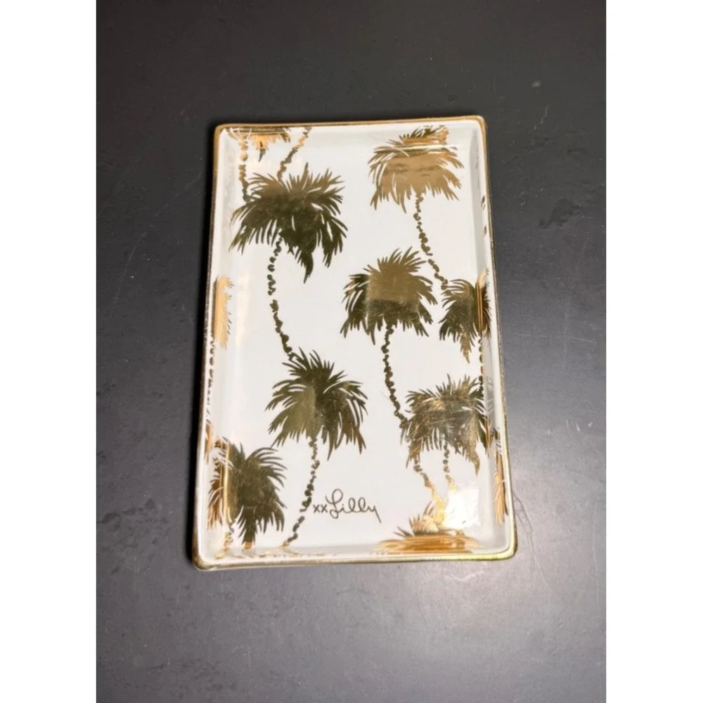Lilly Pulitzer Tray For Trinkets Jewelry White with Gold Palm Trees 5.75" Tropic - Picture 2 of 9